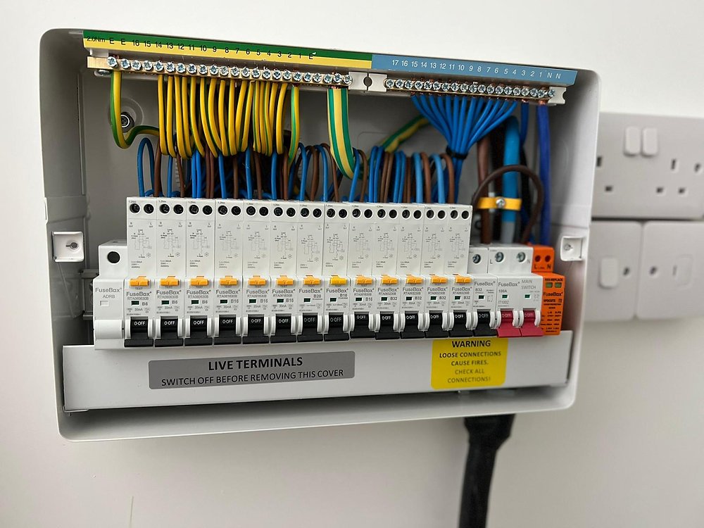 New 18th Edition RCBO consumer unit with surge protection, fitted and neatly wired during a fuse box replacement in Sussex
