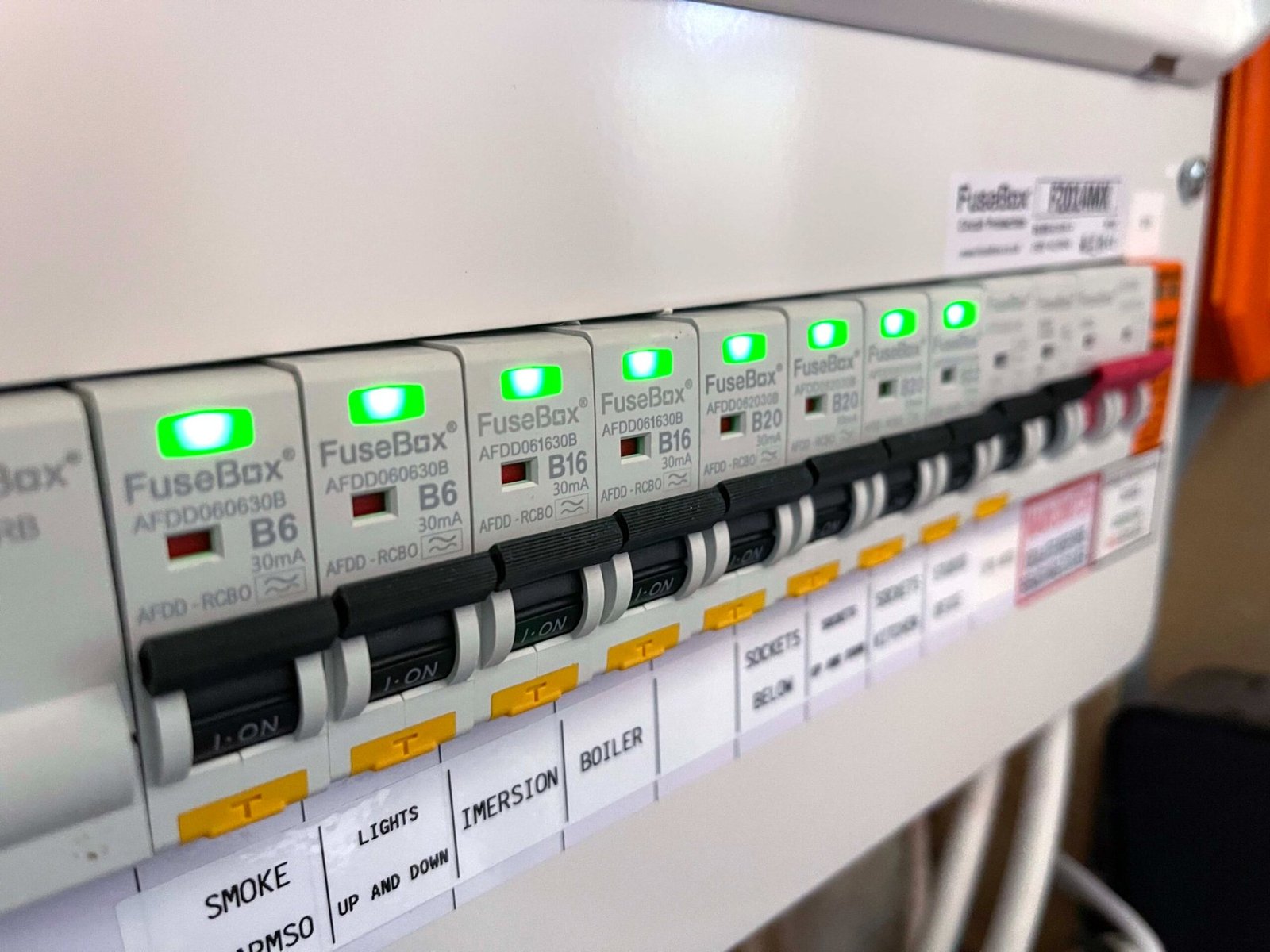 Modern RCBO consumer unit in a Sussex home, the same enclosure our AFDD boards use