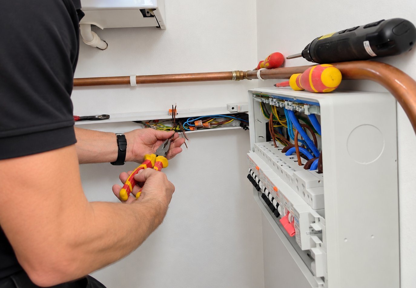 Relocated consumer unit fitted at a safe accessible height in a Sussex home