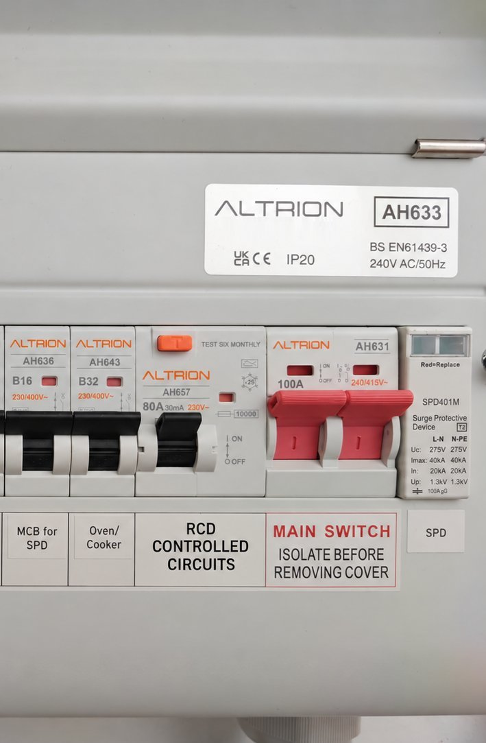Consumer unit with a Type 2 surge protection device fitted beside the main switch in a Sussex home